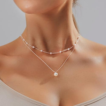 OGD Gold Pearl Necklace Set for Women 14K Plated Layered Daisy Choker Gift - color: Silver Pearl Necklace-2PCS