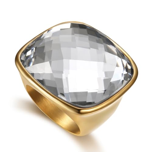 Chunky Square Crystal Glass Stainless Steel Statement Ring for Women Men Gold-Tone Plated Exaggerated Large Geometric Green Cubic Zirconia Finger Band Knuckle Rings Cocktail Prom Fashion Jewelry - color: Clear