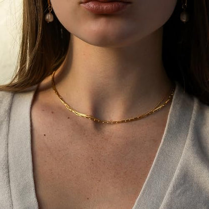 CONRAN KREMIX Waterproof Gold Necklace Layered Necklaces for Women Non Tarnish,14k Gold Plated Stainless Steel Dainty Stack Thin Chain Necklace Set for Women Gifts Jewelry - color: Gold-06