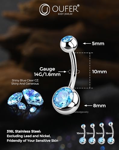 OUFER Belly Button Rings Surgical Steel, Internally Threaded Belly Rings | 14G Belly Piercing Jewelry, 10/12/14/16mm Beachy Belly Button Rings, Silver/Gold Navel Piercing Jewelry For Women Men - color: Blue, size: 14G 10MM