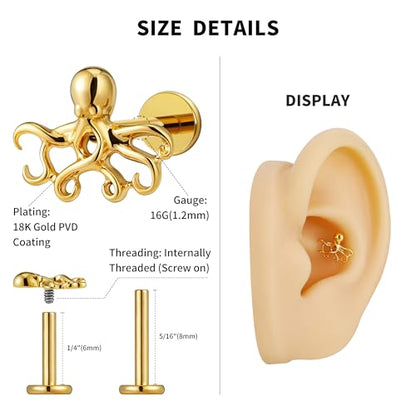 FINE4U 1PC 16G ASTM F136 Titanium Octopuses Piercings Jewelry with 6mm 8mm Post for Conch Helix Flat Labret 16G 6mm 8mm - color: Octopuses - Gold