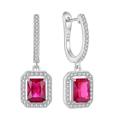 Women's Solitaire Dangle Drop Earrings 925 Sterling Silver Pure Square Huggie Earrings Hoop Dangle Drop Earrings Jewelry Gift - color: 07-ruby-Jul