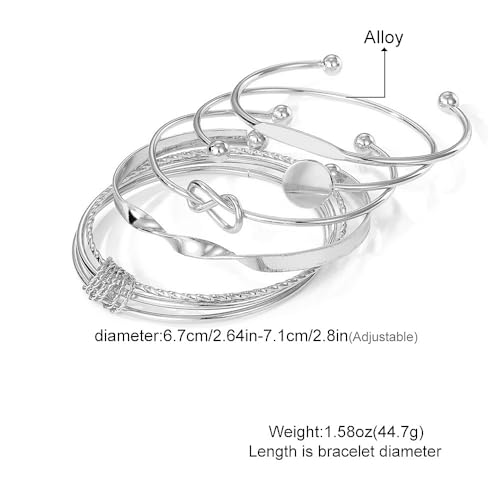 GIGB PBDK Chunky Stackable Gold Cuff Bracelets Set for Women Boho Multi Layer Silver Open Bangles Adjustable Geometry Bracelets Jewelry Accessories - color: Silver