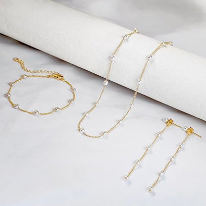 Zeffy Gold Pearl Necklace for Women, Dainty 14K Gold/Silve Plated Layered Pearl Choker Pearl Earrings Pearl Bracelets Wedding Trendy Gold Jewelry Set for Women Gifts - style: Gold Pearl Choker&Drop Earring&Bracelet-3PCS