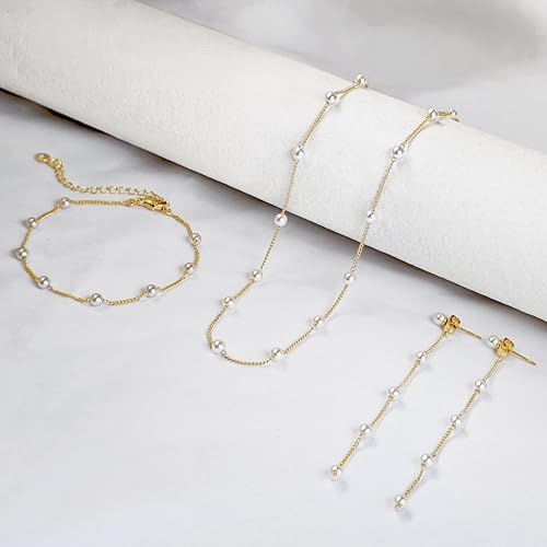 Zeffy Gold Pearl Necklace for Women, Dainty 14K Gold/Silve Plated Layered Pearl Choker Pearl Earrings Pearl Bracelets Wedding Trendy Gold Jewelry Set for Women Gifts - style: Gold Pearl Choker&Drop Earring&Bracelet-3PCS