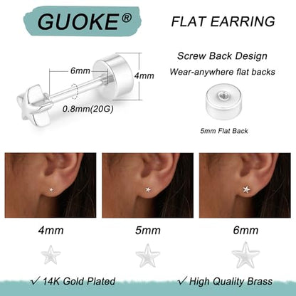 3 Pair Tiny Flat Back Earrings for Women - 14K Gold/White Gold Plated Dainty Cute Small Screw Flatback Stud Earring, Everyday Wear Gift - color: Star Flat-4/5/6mm Silver