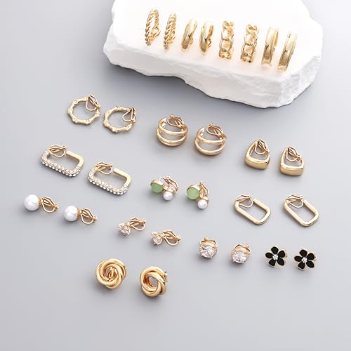 15 Pairs Clip on Earrings for Women Chunky Hoop Clip Earring Round CZ Twist Simulated Pearl Flower Knot No Piercing Fake Stud Earrings Sets Jewelry Gifts Silver Gold Plated - color: A: Gold