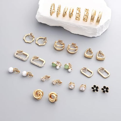 15 Pairs Clip on Earrings for Women Chunky Hoop Clip Earring Round CZ Twist Simulated Pearl Flower Knot No Piercing Fake Stud Earrings Sets Jewelry Gifts Silver Gold Plated - color: A: Gold