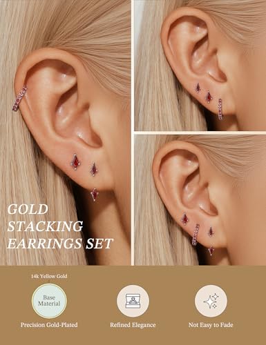 3 Pairs Stackable Kite Stud Earrings Set for Women Trendy | Dainty Birthstone Stud Gold & 925 Sterling Silver Huggie Hoop Jacket Stack Earrings for Women 2026 - color: Silver-Red Ruby