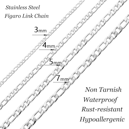 Stainless Steel Figaro Link Chain Necklace For Men Women, 3mm 4mm 5mm 7mm Width, 18k Gold Plated 18 20 22 24 Inch Figaro Chain, No Tarnish Durable Waterproof Jewelry - color: 4MM Silver, size: 22inches