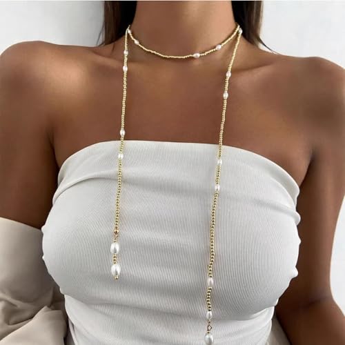Long Wrap Necklaces for Women Dainty Layered Pearl Chain Necklace Turquoise Wrap Necklaces Long Lariat Necklace Statement Y-shaped Beaded Choker Trendy Costume Jewelry Accessories - color: Gold pearl