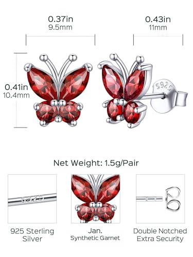 ChicSilver 925 Sterling Silver Bow/Butterfly Earrings for Women Hypoallergenic Birthstone Earrings Dainty Bow/Butterfly Jewelry Gift for Women - color: Butterfly-January-Garnet