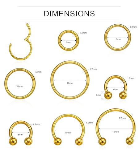 16PCS Surgical Stainless Steel Hinged Clicker Segment Horseshoe Septum Lip Eyebrow Rings 16G Nose Ring Hoop Cartilage Helix Conch Tragus Rook Daith Earrings Piercing Jewelry for Women Men 6mm 8mm 10mm 12mm - color: Gold Tone