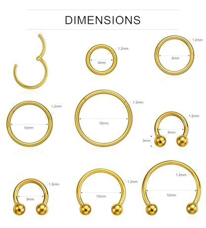 16PCS Surgical Stainless Steel Hinged Clicker Segment Horseshoe Septum Lip Eyebrow Rings 16G Nose Ring Hoop Cartilage Helix Conch Tragus Rook Daith Earrings Piercing Jewelry for Women Men 6mm 8mm 10mm 12mm - color: Gold Tone