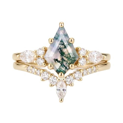 14K Gold Plated Natural Moss Agate Stackable Ring for Women | Promise Wedding Band Diamond Cut Green Moss Agate Stackable Rings Set Valentine & Anniversary Jewelry Gifts Size 5-9 - color: Yellow Gold