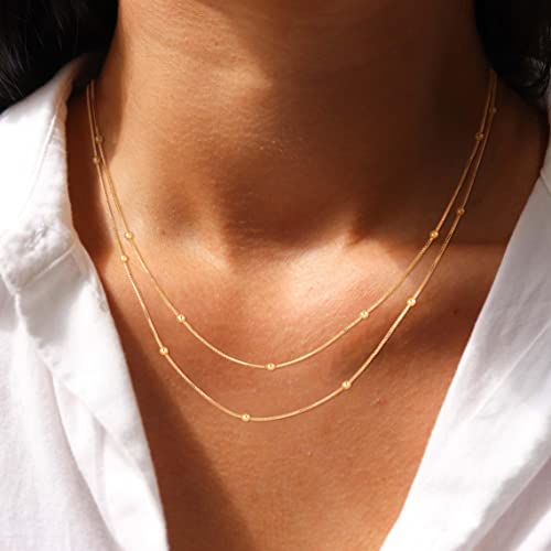 CHESKY 14K Gold Plated Silver Dainty Satellite Choker Necklace for Women | Layered Beaded Chain Necklace, Thin Choker Jewelry, Dainty Gold necklace, Minimalist Trendy Jewelry, Daily Gift for Women - style: 2layerSatellite-GD