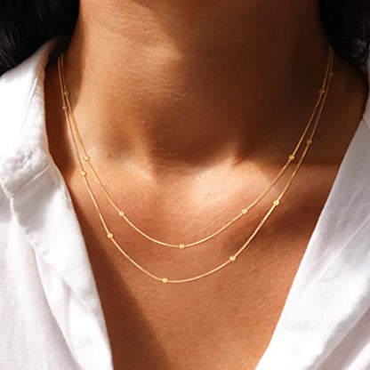 CHESKY 14K Gold Plated Silver Dainty Satellite Choker Necklace for Women | Layered Beaded Chain Necklace, Thin Choker Jewelry, Dainty Gold necklace, Minimalist Trendy Jewelry, Daily Gift for Women - style: 2layerSatellite-GD