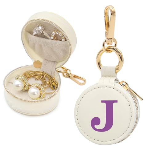 Mini Initial Travel Jewelry Case Ring Holder, Beige Faux Leather Small Jewelry Organizer Box Gifts for Women Girls Nurse Teacher, Gym Travel Accessories Keychain Pouch for Earrings Rings Necklace J - color: Beige, size: Leather-J