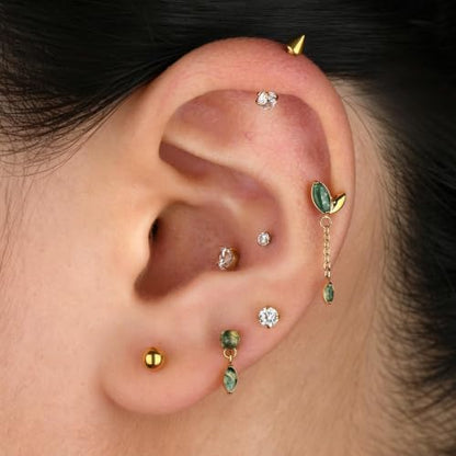 1PC ASTM F136 Titanium Push Pin Moss Agate Stone Flat Back Earrings 16G 8mm for Helix Conch Tragus - color: Teardrop-18KPG