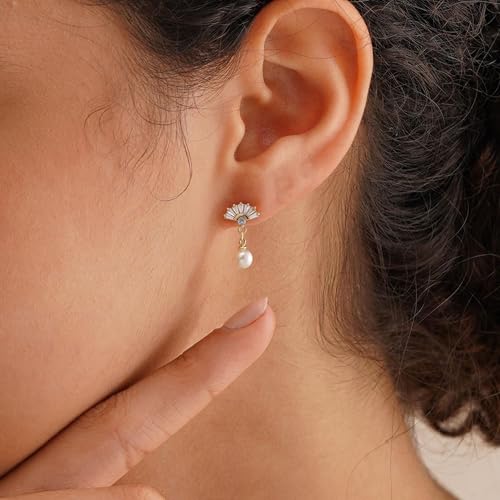 Plenky Pearl Earrings-14K Gold Plated Dainty Pearl Drop Simple Wedding CZ Dangle Dangling Cute Stud Earrings for Brides Earrings for Women Gifts - style: Fan-Shaped Zirconia Pearl Earrings