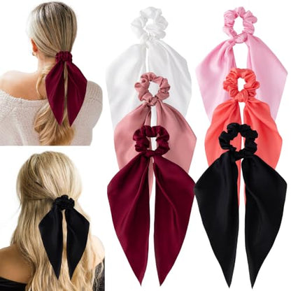 6 PCS Scrunchies with Bow, Silky Satin Bow Hair Ties | Hair Scarf Scrunchies for Women Girls, Knotted Bows Silk Hair Ties, Satin Hair Ribbon Elastic Hair Tie, Long - color: Red&Black