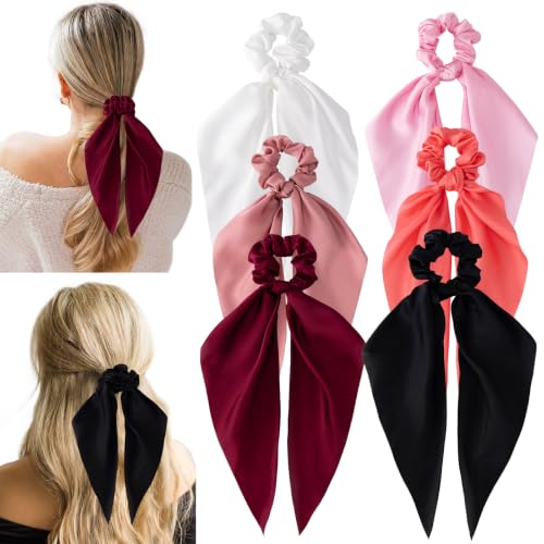 6 PCS Scrunchies with Bow, Silky Satin Bow Hair Ties | Hair Scarf Scrunchies for Women Girls, Knotted Bows Silk Hair Ties, Satin Hair Ribbon Elastic Hair Tie, Long - color: Red&Black