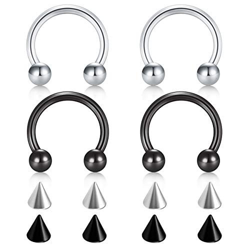 D.Bella 22G 20G 18G 16G 14G 12G 10G 8G 6G 4G 2G 0G 00G Surgical Steel Nose Septum Horseshoe Hoop Eyebrow Lip Navel Belly Nipple Piercing Ring Helix Tragus Daith Rook Captive Earrings Replacement Spikes - color: A1 -4pcs, silver & black, size: 20g,10mm inn
