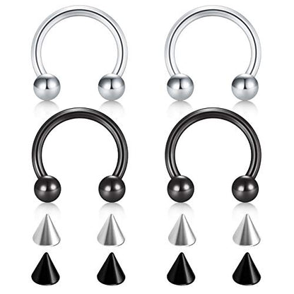 D.Bella 22G 20G 18G 16G 14G 12G 10G 8G 6G 4G 2G 0G 00G Surgical Steel Nose Septum Horseshoe Hoop Eyebrow Lip Navel Belly Nipple Piercing Ring Helix Tragus Daith Rook Captive Earrings Replacement Spikes - color: A1 -4pcs, silver & black, size: 20g,10mm inn
