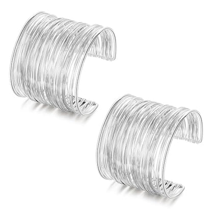 2Pcs Cuff Bangle Bracelet for Women Open Wide Bangle Bracelet Set | minimalist statement bangle bracelets，wrist cuff wrap bracelet adjustable，open wide wire grooved hammered bracelet set - color: 2PCS-Sliver-D