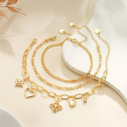 3PCS Charm Gold Bracelets for Women Non Tarnish,14k Plated Gold Bracelet Stack Cute Dainty Stackable Trendy Bow Cross Clover Bracelets Set Tarnish Free Gold Jewelry for Women Gifts - color: Clover&Heart-Gold