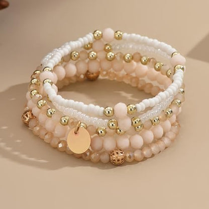 Bohemian Handmade Crystal Seed Beads Disc Pendant Colorful Multilayered Elastic Bracelets Stackable Stretch Strand Bangles Friendship Summer Beach Jewelry for Women - color: beige