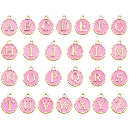 A-Z Letter Charms Round Enamel Alphabet Initial Pendant for Jewelry Making,Double-Side for Necklace Bracelet Earring DIY Craft - color: 1 set(26pcs)-Pink