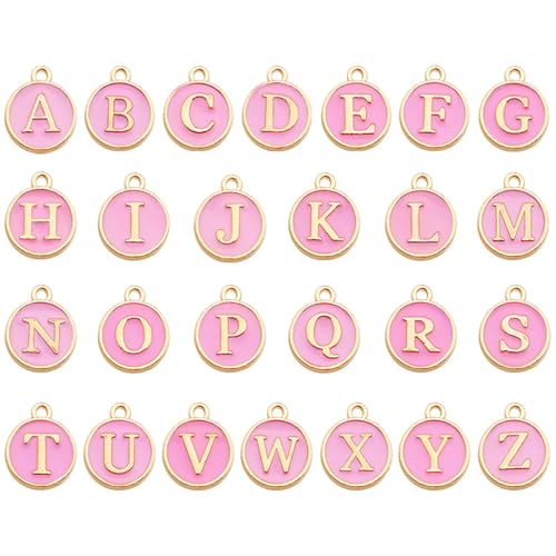 A-Z Letter Charms Round Enamel Alphabet Initial Pendant for Jewelry Making,Double-Side for Necklace Bracelet Earring DIY Craft - color: 1 set(26pcs)-Pink