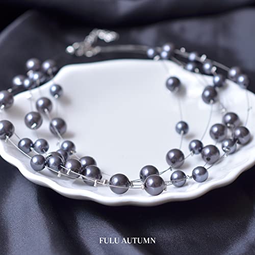 FULU AUTUMN Layered Pearl Necklace Multi-strand Pearl Choker Necklaces for Women Beaded jewelry for Wedding Parties - color: Dark grey