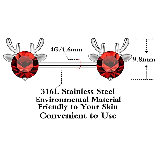 2PCS 14G 316L Stainless Steel Opal Nipple Rings Deer Head Nipple Barbell Nipple Piercings Jewelry for Women - color: Red