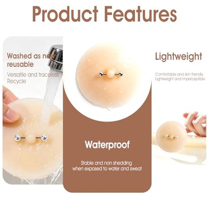 Pacify 2 Pairs Pierced Nipple Pasties | Adhesive Silicone Nipple Covers with Piercing, Reusable Pasties with Fake Nipple Rings for Women - color: A: Steel Ball+pearl