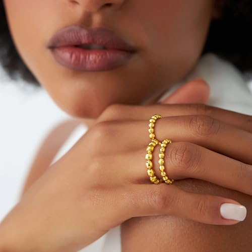 3PCS 14K Gold Plated Stretch Rings for Women Dainty Ball Beaded Elastic Layered Stack Knuckle Ring Set Non Tarnish Waterproof Trendy Statement Jewelry Gifts for Daily Outfits Fashion Accessories - color: Gold-3Pcs
