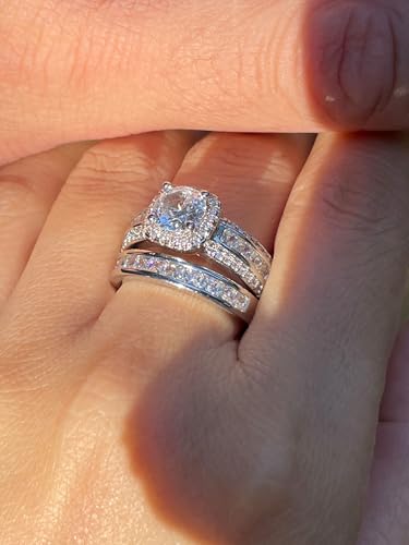 CEJUG 3Ct Princess Wedding Rings for Women Engagement Ring Set Bands 18k White Gold Plated Halo Cz Size 6-10 - color: White Silver