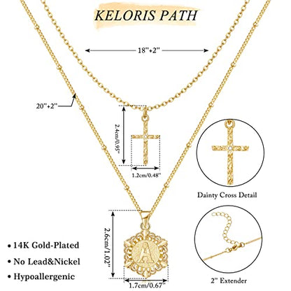 KELORIS PATH Gold Layered Initial Cross Necklace, 14K Gold Plated Layering Square Letter Pendant Figaro Chain Cross Choker from A-Z Capital Jewelry for Women Girls | 14K Gold Plated Square/Hexagon Letter Pendant with Figaro Chain, Stackable Jewelry Gifts,