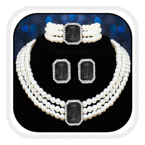 Brishow Pearl Necklace Jewelry Set Wedding Pearls Earrings Necklaces Set Bridal Crystal Bracelet Jewelry for Women (Pack of 3) - color: Black, size: 3 Layered
