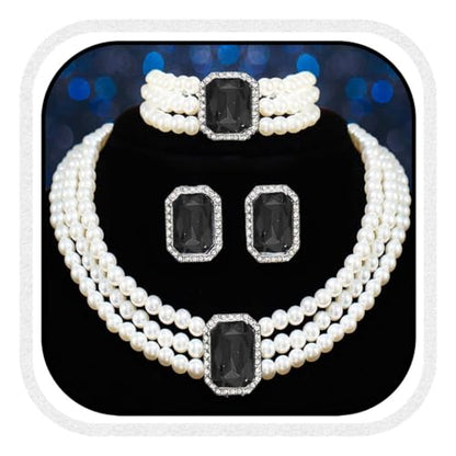 Brishow Pearl Necklace Jewelry Set Wedding Pearls Earrings Necklaces Set Bridal Crystal Bracelet Jewelry for Women (Pack of 3) - color: Black, size: 3 Layered