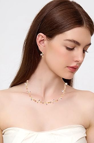 Elegant Brides Austrian Crystal Flower Choker Necklace Drop Dangle Earring Bracelet Wedding Jewelry Set for Bridesmaid Prom Costume Jewelry Set for Women - color: Pink-Gold Plated