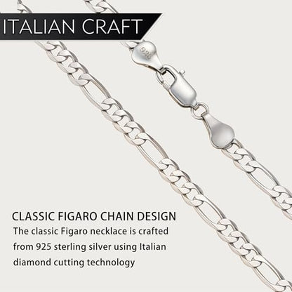 925 Sterling Silver Figaro Chain Necklace for Women and Men, 4mm Hypoallergenic Nickel-Free Silver Necklace Chain, Lobster Clasp Mens Chains Durable Waterproof Gift Ready Jewelry - size: 22 IN