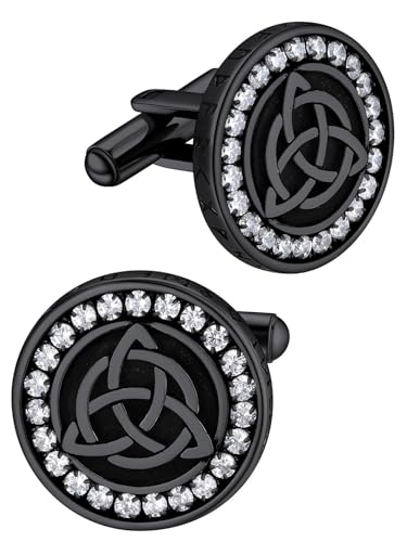FaithHeart Mens Cufflinks, Norse Viking Tuxedo Shirt Cuff Links, Stainless Steel Cuff Links and Shirt Studs, Gift Box - style: 02. Trinity Celtic CZ-Black