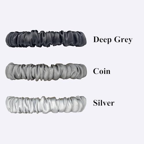 VLOMOT 3 Pcs Set 100% Pure Mulberry Silk Hair Scrunchies (Grey) | Silk Hair Ties for Thin Hair with 3 Chic Colors Everyday Skinny Scrunchies Silk Ponytail Holders Hair Care No Damage - color: Grey