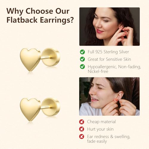 JIAYIQI Minimalist 925 Sterling Silver Stud Earrings Set, 14K Gold Plated Hypoallergenic Tiny Bar Dot Heart Star Studs for Women & Men - style: Gold-Heart-Flatback-1 Pair