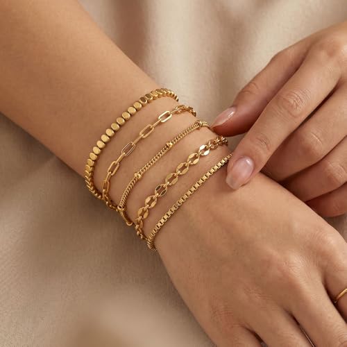 Gold Plated Layered Bracelet Set, Adjustable Paperclip Snake Chain Jewelry for Women - color: Paperclip,Snake,Ball,Wave Twisted Rope,Small Bar