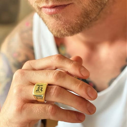 Custom Signet Ring for Men Personalized Initial Ring Custom Mens Rings Engraved Ring Customized Memorial Graduation Gifts for Father Husband Boyfriend Friends - color: Square Gold