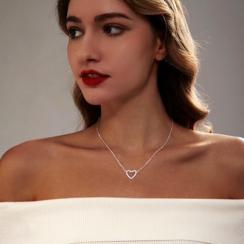 Zeffy Dainty Gold Heart Necklace for Women Trendy 14K Gold/Silver Plate Cute Heart Pendant Choker Necklaces Gold Love Heart Chain Necklace for Women Dainty Gold Jewelry Gifts for Women - style: CZ Open Heart Necklace-Silver