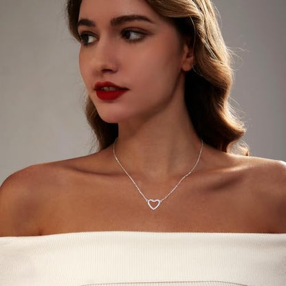 Zeffy Dainty Gold Heart Necklace for Women Trendy 14K Gold/Silver Plate Cute Heart Pendant Choker Necklaces Gold Love Heart Chain Necklace for Women Dainty Gold Jewelry Gifts for Women - style: CZ Open Heart Necklace-Silver